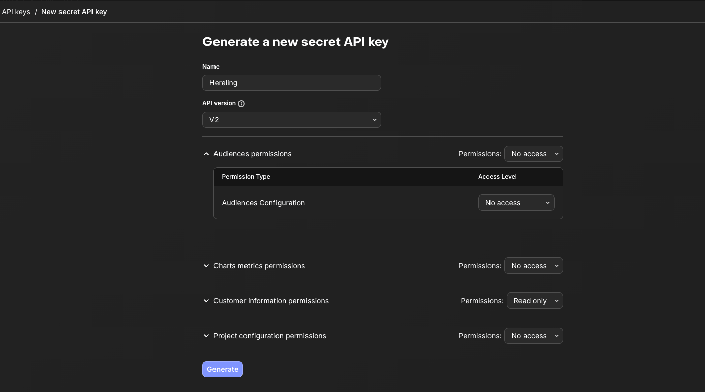 The new key form: V2, Customer information Read only, all other permissions No access